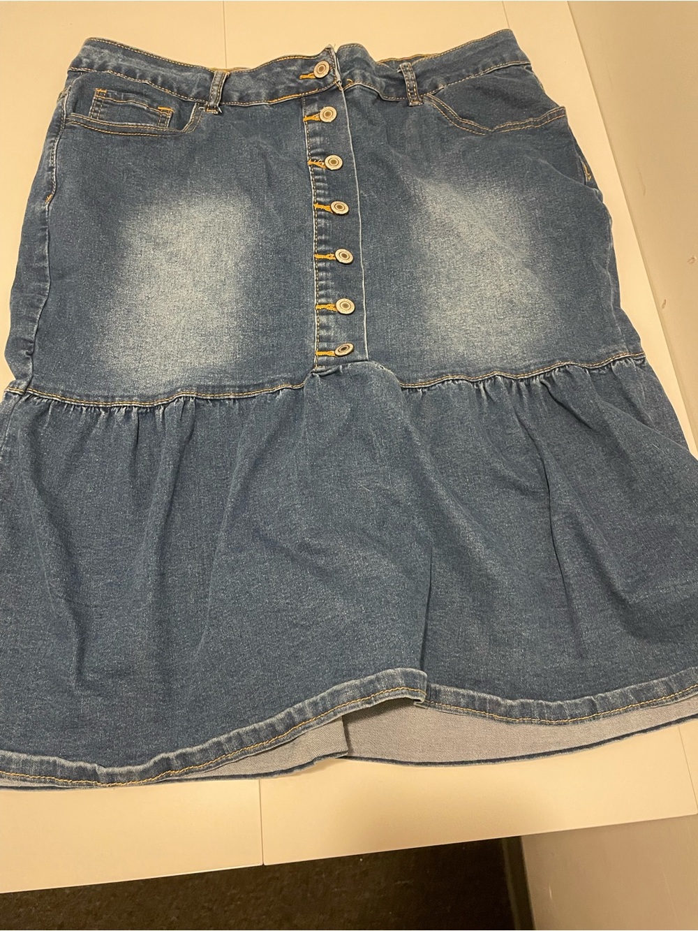Button-Front Denim Tiered Skirt - Blue